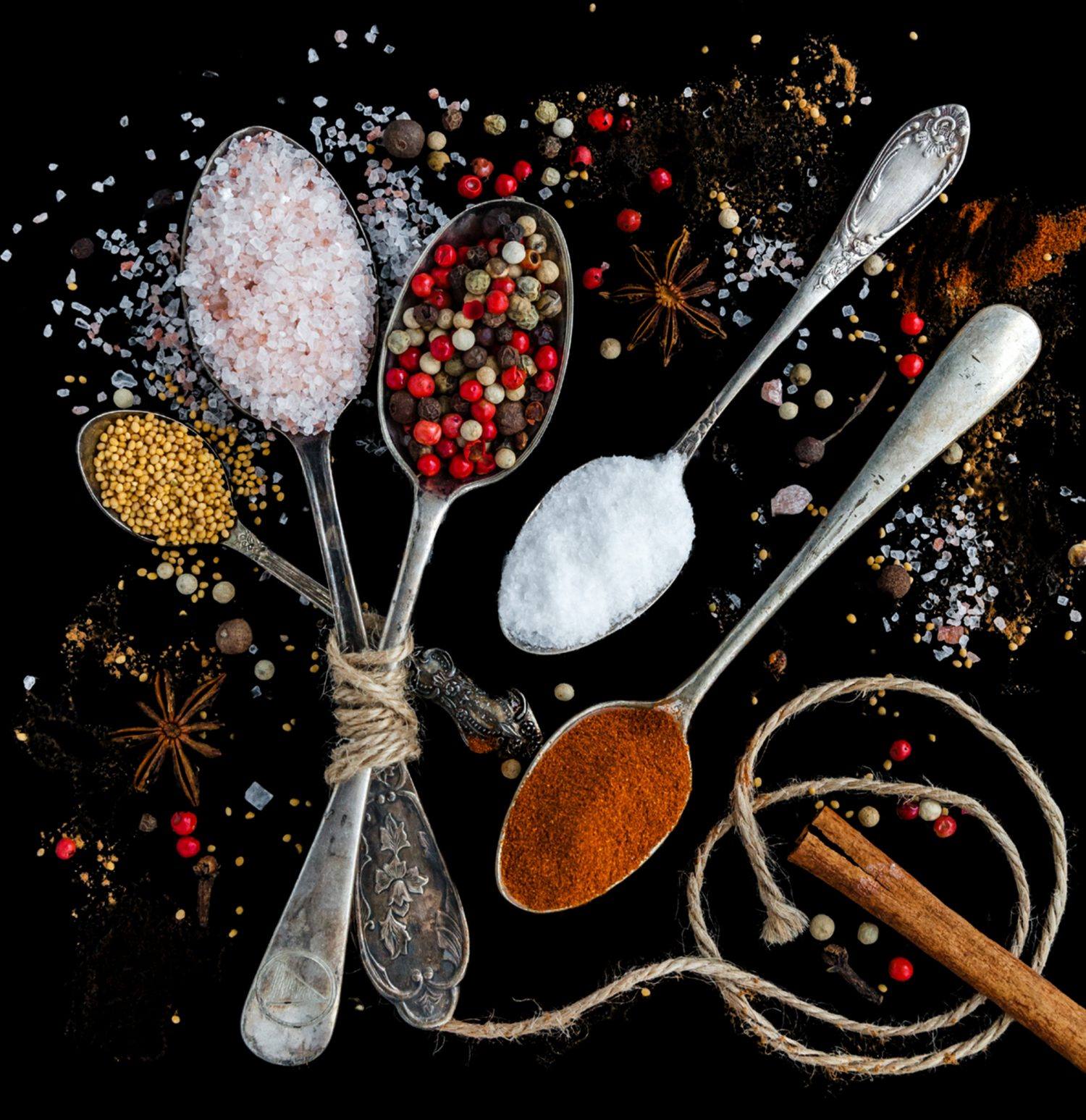 Spices on vintage spoons, Calcutta Sauces & Spices